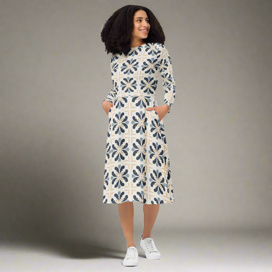 All-over print long sleeve midi dress